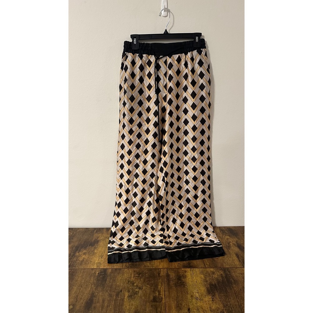 Mango MNG Women Geometric Diamond Print Wide Leg Satin Trousers Black Gold M NEW